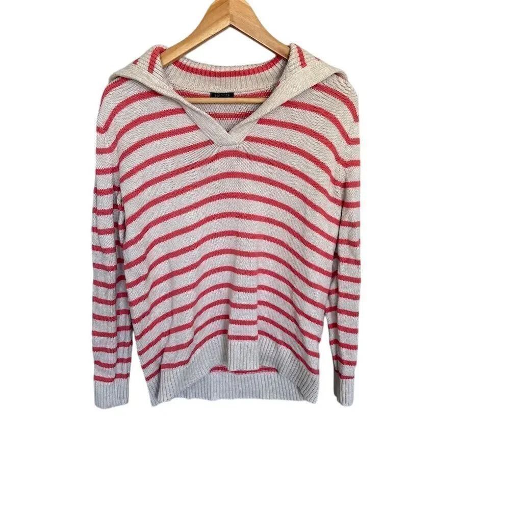 Talbots Women's Petite Striped V-Neck Hoodie Sweater Size M